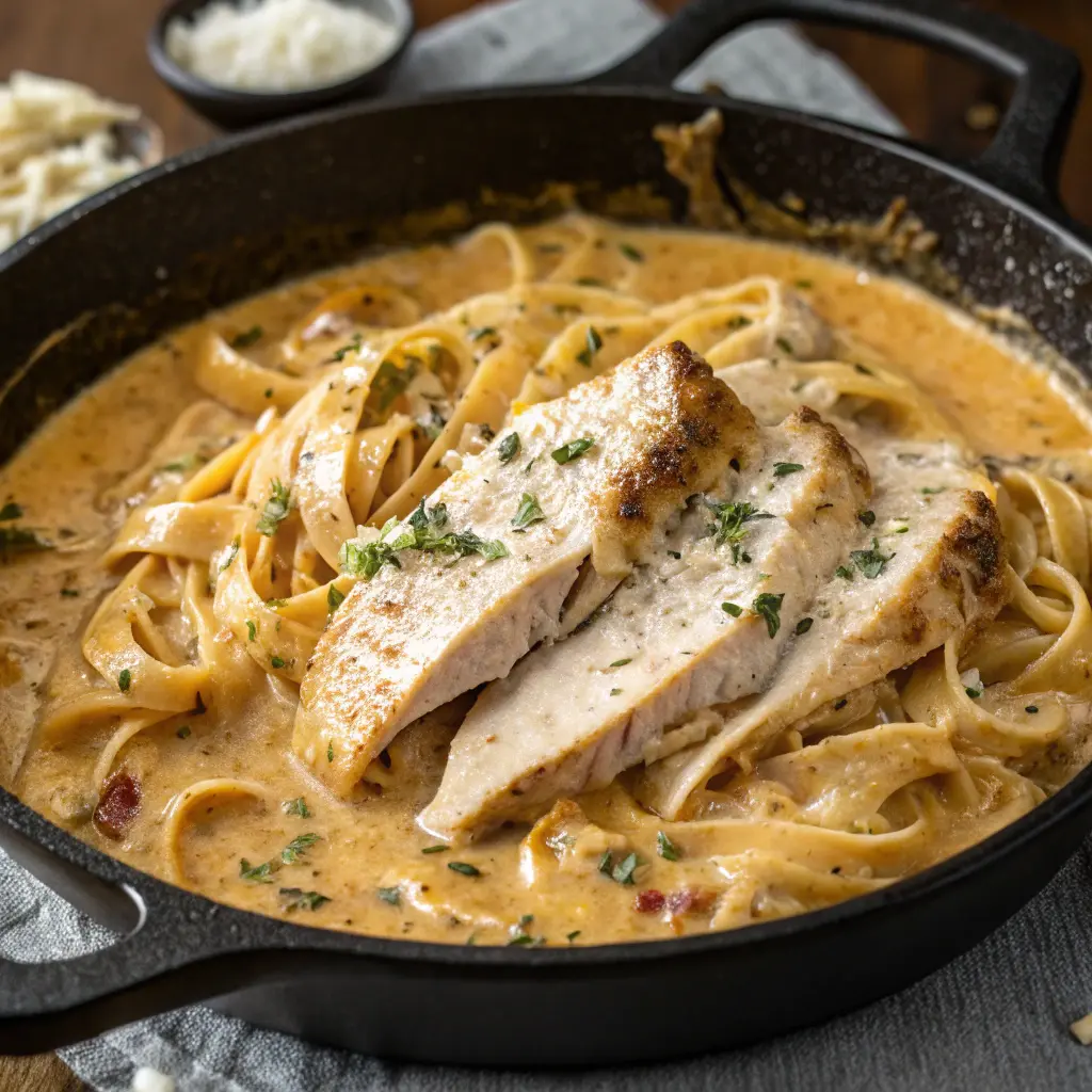 Creamy sauce with parmesan cheese and sliced chicken Creamy sauce with parmesan cheese and sliced chicken