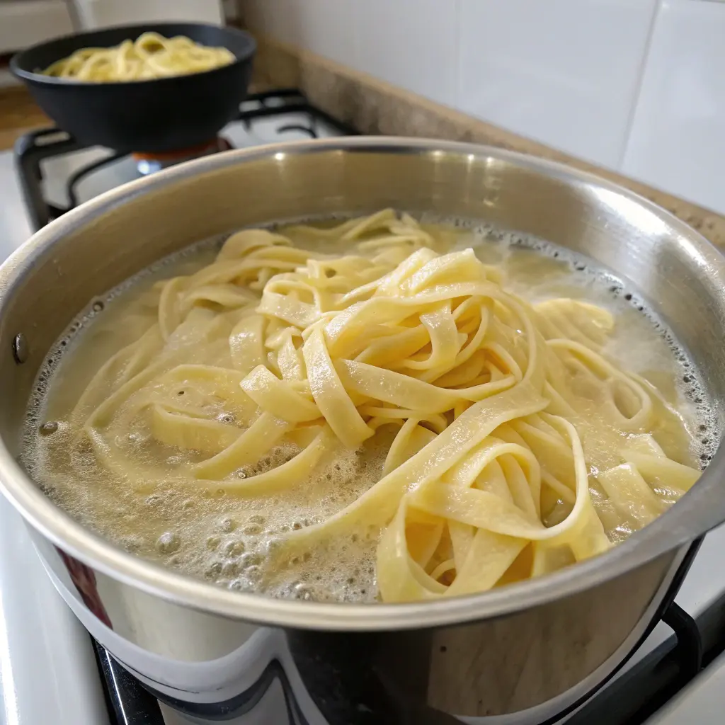 Fettuccine pasta cooking in a pot of boiling water Fettuccine pasta cooking in a pot of boiling water