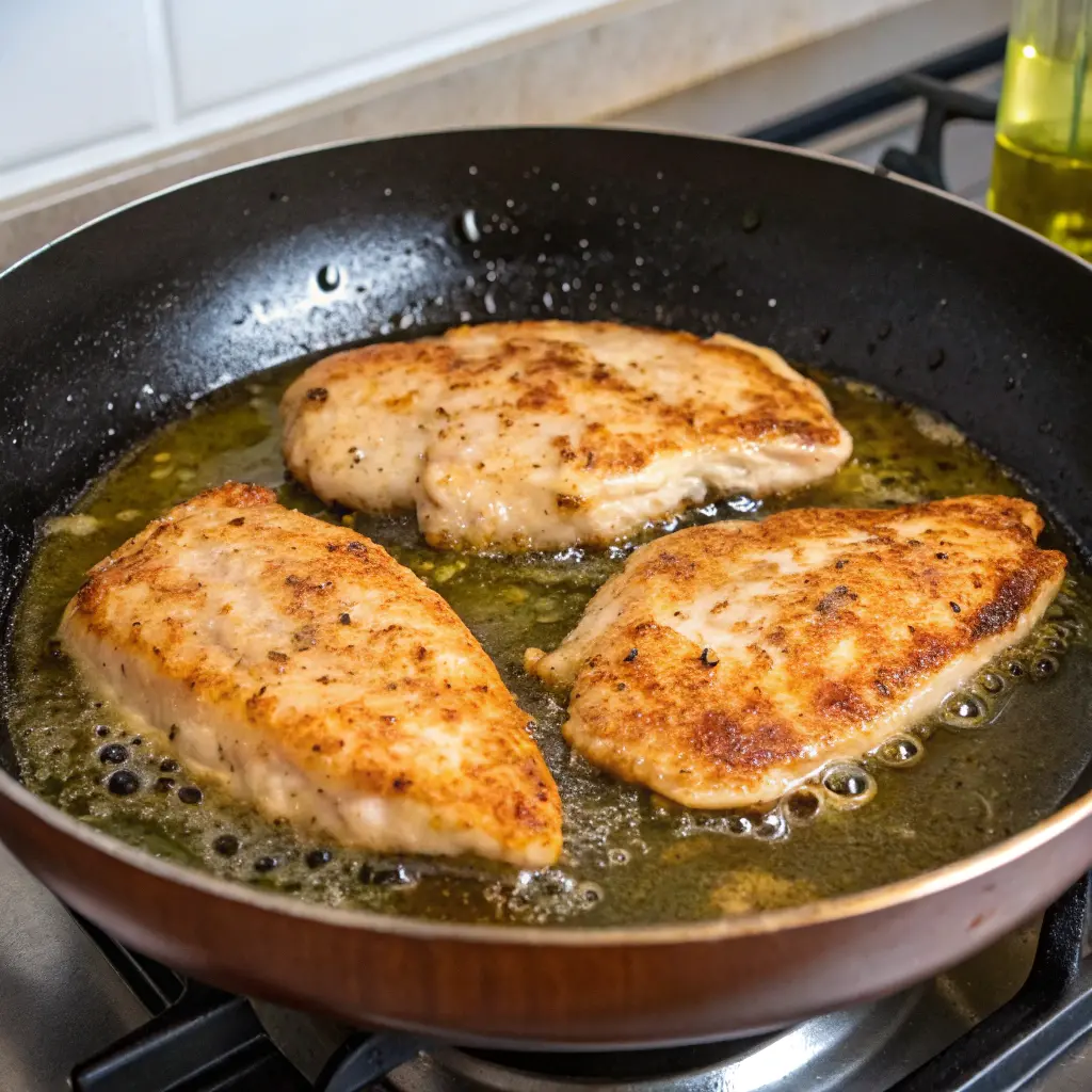 Golden brown chicken breasts cooking in a skillet with olive oil Golden brown chicken breasts cooking in a skillet with olive oil